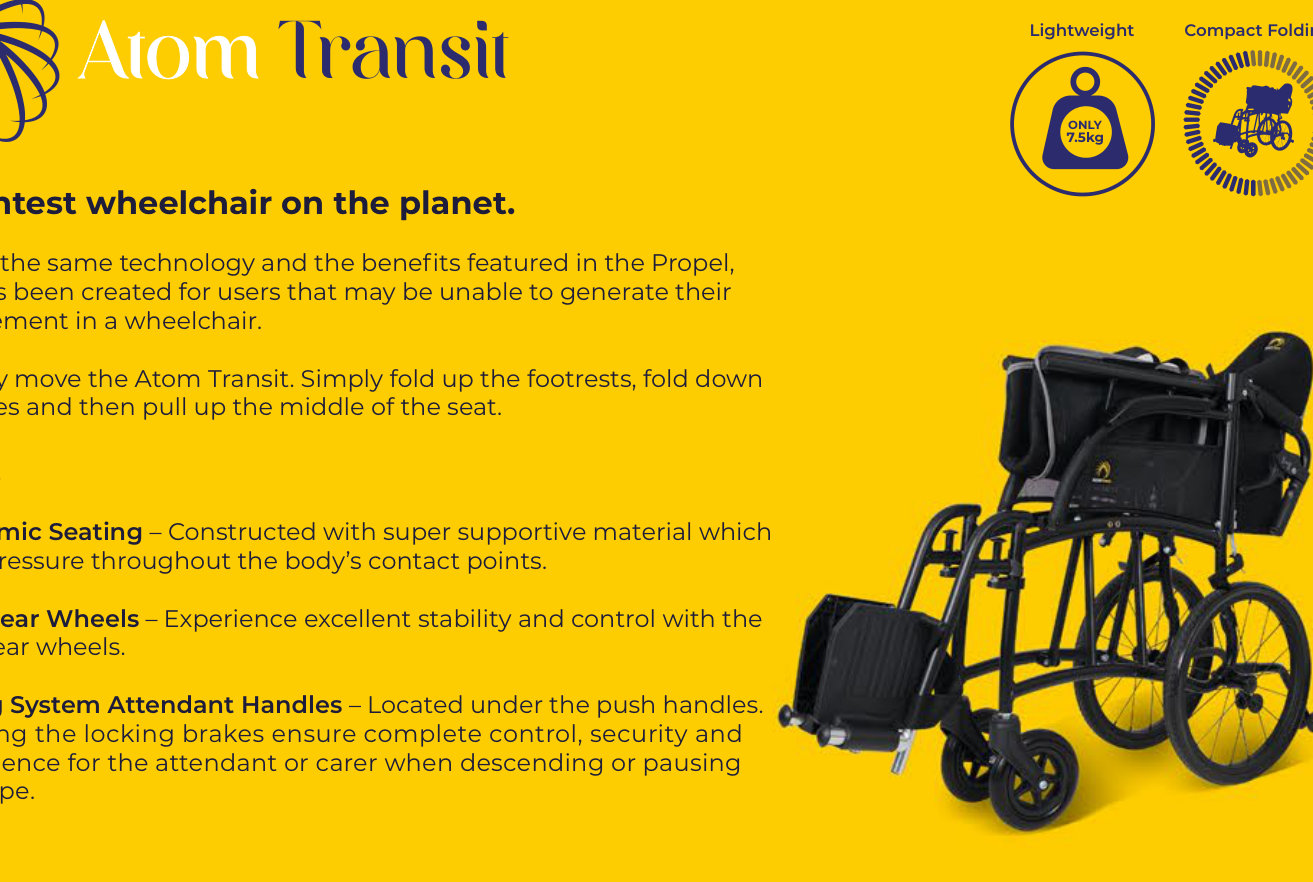 Atom Transit brochure cut image showing lightweight attendant wheelchair.